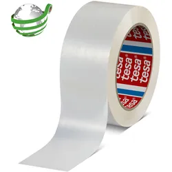 tesa 60416 50mmx100m weiß, ist ein Universal Packband mit einem PET Träger, der zu 90 % aus Post Consumer Abfällen