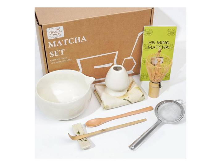 LuxusKollektion Schüssel Matcha Set Beige 8-teilig mit Schale Ausgießer, Keramik