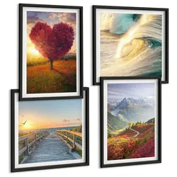 BILDER SET 4er Set - 50x50 cm & 40x60 cm Schwarzer Rahmen - Landschaften Berge Wellen Baum Herz Pier