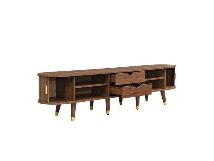Oxeza Tv-Element 175/38/45 cm Walnuss mit Rattan-Schiebetür und 2 Schubladen, Nussbaumfarben, Holz, Mode, Rechteckig, 175x45x38 cm, Wohnzimmer, TV Möbel, Lowboards, Lowboards stehend