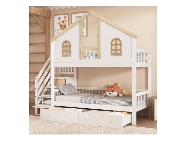 Odikalo Kinderbett Etagenbett Hochbett Holzbett Schubladen Lagertreppe 90x200 Weiß Natur