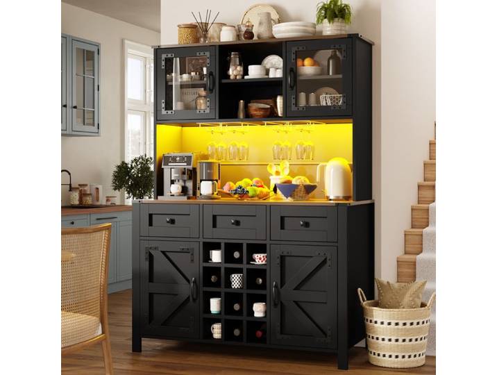 Armoire de cuisine haute avec connexions USB et prises Armoire latérale avec 4 portes et 3 tiroirs Cuisinière avec bande lumineuse