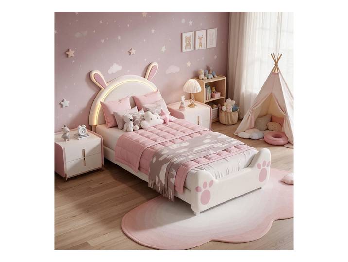 Simurq Einzelbett Kinder Polster-Einzelbett 90x200, Kopfteil in Hasenform mit LED, Samt