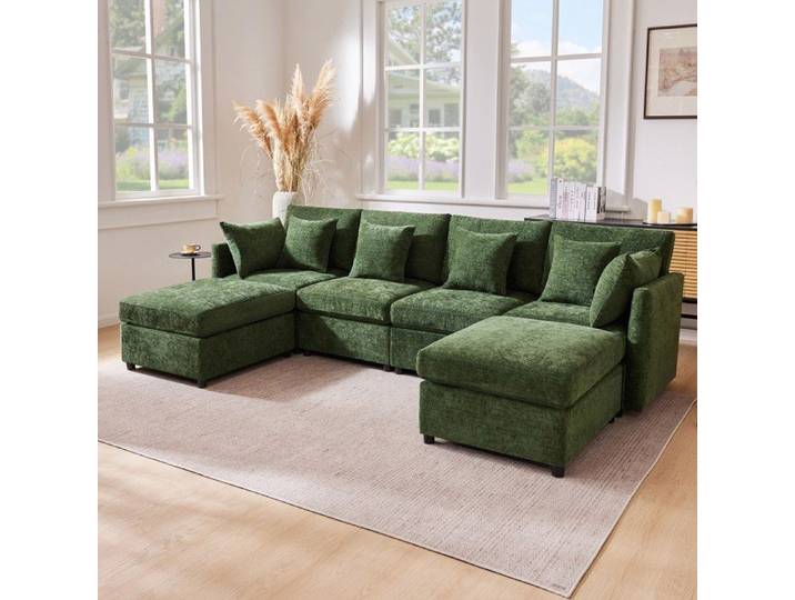 Canapé d'angle panoramique en U Canapé modulable 4 places chenille avec 2 poufs 6 coussins - Vert