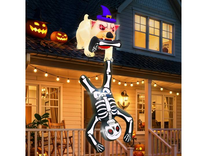Décorations gonflables d'Halloween de 8 pieds, Chien gonflable tirant un squelette, Décorations de jardin gonflables pour fête en extérieur
