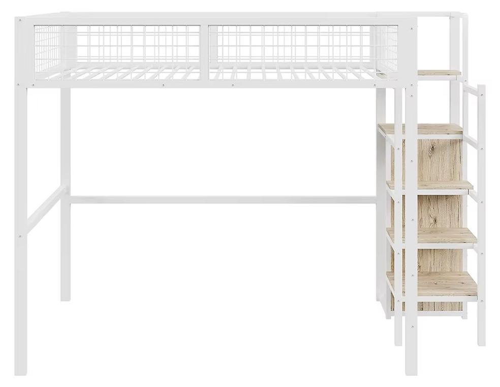 Hochbett - Etagenbett - 140 x 200 cm - Eisenrahmen - Leiter - Ablage - Kleiderschrank - Weiß