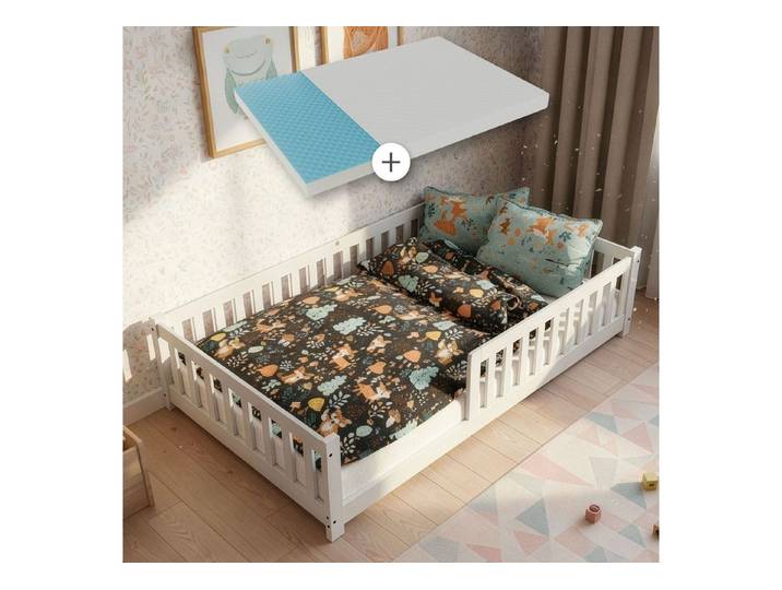 Juskys Kinderbett Naya, 120x200 cm Bodenbett, Holz, mit Matratze, Rausfallschutz & Lattenrost