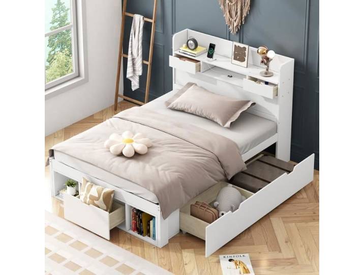 Lit Coffre - 90x200cm - Blanc - Lit Enfant - Tiroirs et Casiers