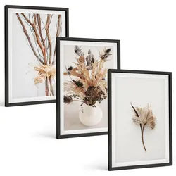 BILDER SET 3er Set - 40x60 cm Schwarzer Rahmen - Blumenzweige minimalistisch