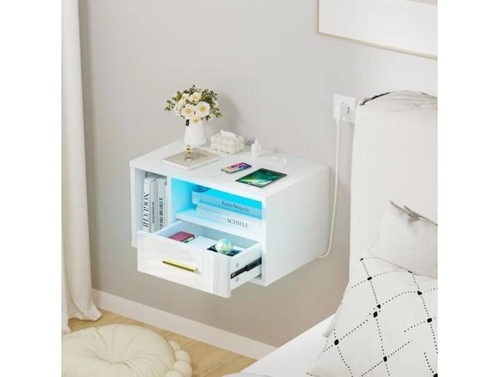Lot de 2 Chevet suspendu PIPIPOXER Chevet avec Prise et LED étagère murale avec 1 tiroir 2 cloisons 46.5x30x25.5 cm Blanc