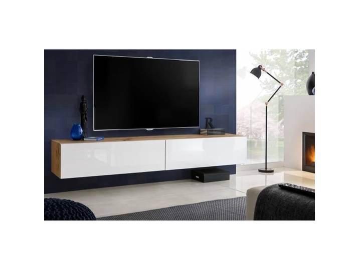 Meuble TV T34-200 Extreme Furniture - Blanc Brillant & Bois naturel - Façades en Brillant - L200cmxH30cmxP41cm
