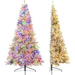 COSTWAY 180 cm künstlicher halber Weihnachtsbaum mit Lichtern und Schnee, Tanne mit 180 LED-Lichtern, 9 Modi, Fernbedienung