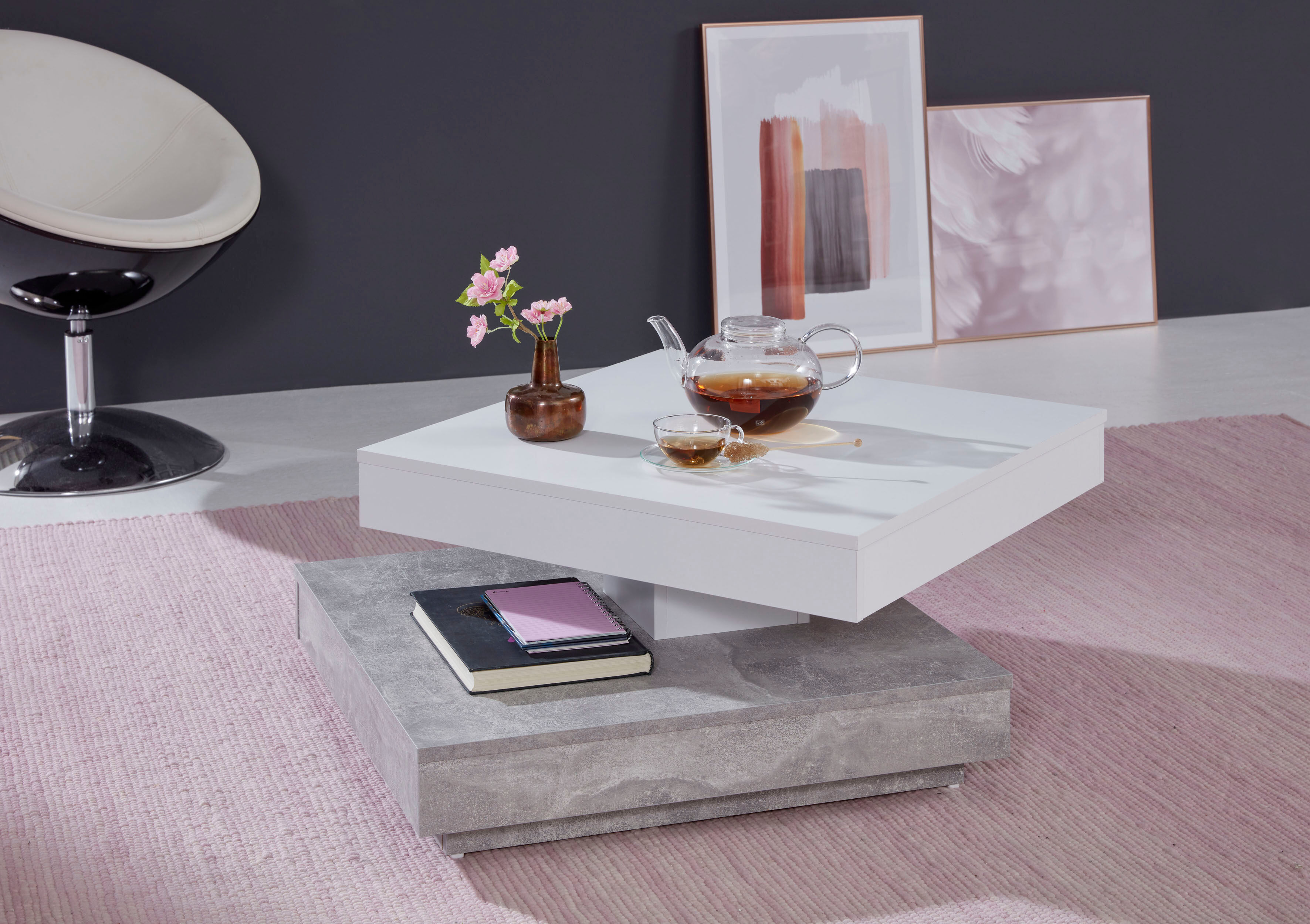 Couchtisch HOME AFFAIRE "Tanum", weiss (gestell, tischplatte: beton, weiß), Tische, Couchtisch, mit Funktion, drehbare Tischplatte gestell, tischplatte: beton, weiß Einheitsgröße