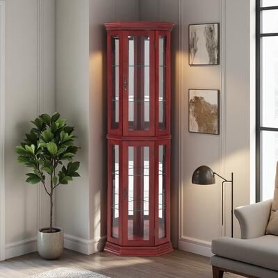 ZWYO HOSIMU "69.59""H Lighted Corner Curio Cabinet Display Shelf, Tempered Glass Doors, Adjustable Shelving, Bead Bulb Lighting, Anti-Tipping."