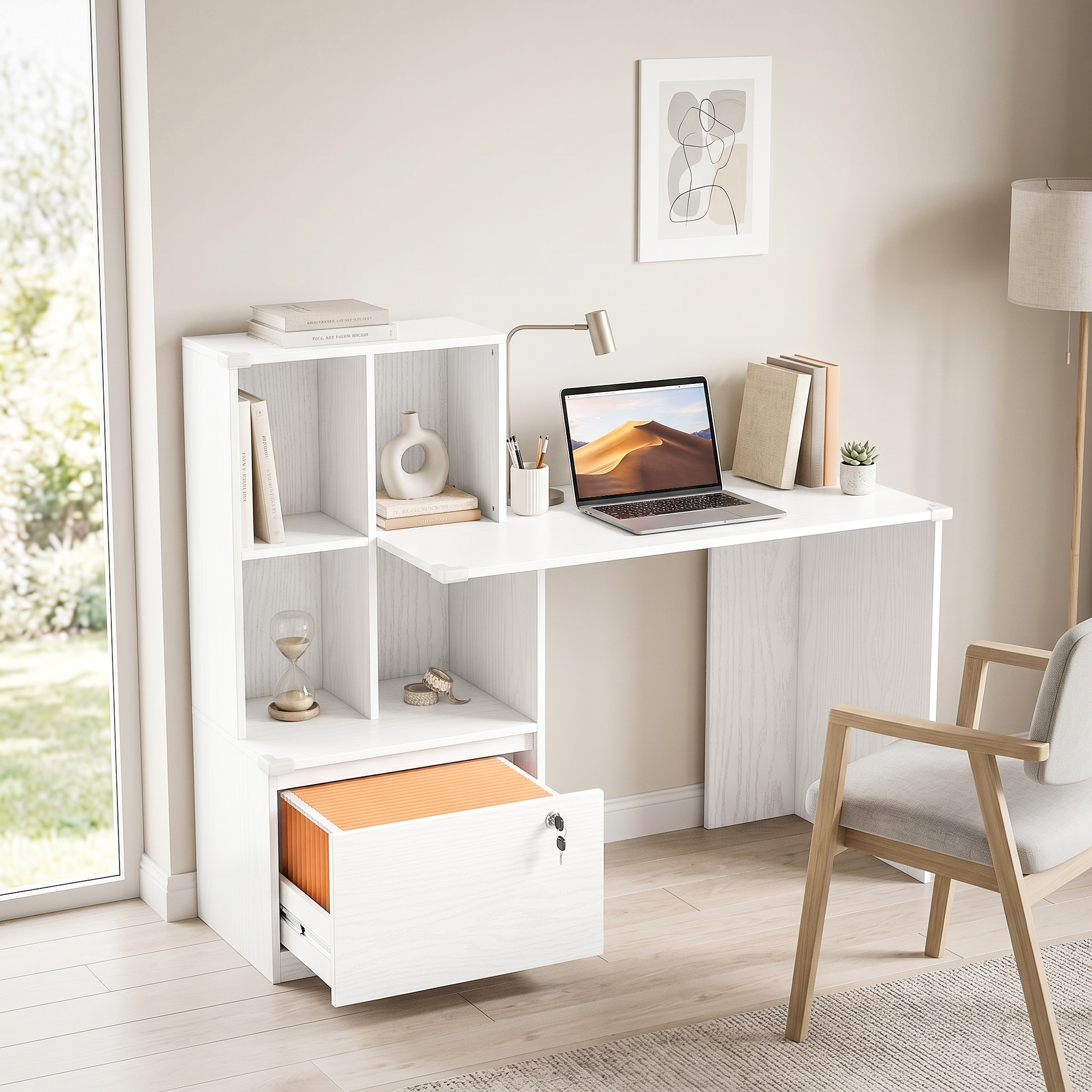 Homcom Scrivania per Computer con Libreria, 4 Scomparti e Cassetto con Serratura, 126x50x109 cm, Effetto Legno Bianco   Aosom Italy