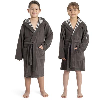 Kinderbademantel KANGAROOS "Dalia, Ideal für Zuhause, Schwimmbad oder im Urlaub" Gr. 116, anthrazit, L:72cm, Veloursfrottier, Hausmäntel, Uni-Farben mit Streifen