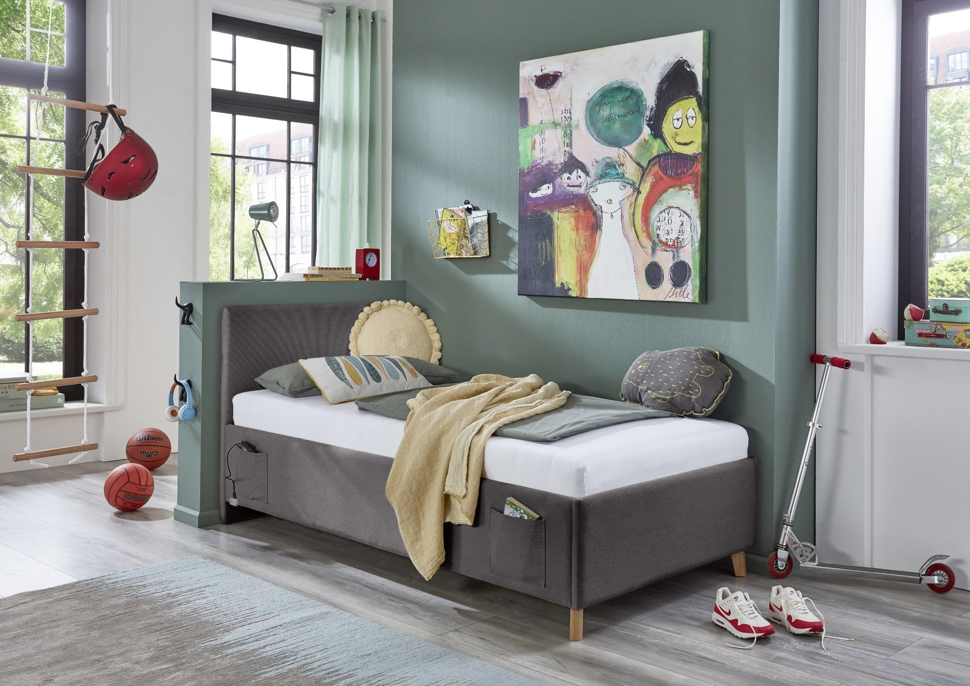Meise Möbel Kinderbett Cool 90x200 cm | Bettkasten & Lattenrost | Cordstoff Anthrazit | Holzfuß eichefarbig