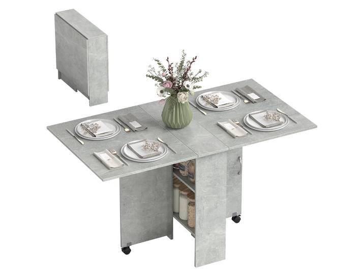 HOMCOM Mesa de Cocina Plegable con Ruedas 2 Estantes de Almacenaje y 2 Alas Abatibles Estilo Moderno 75x140x74 cm Gris Cemento