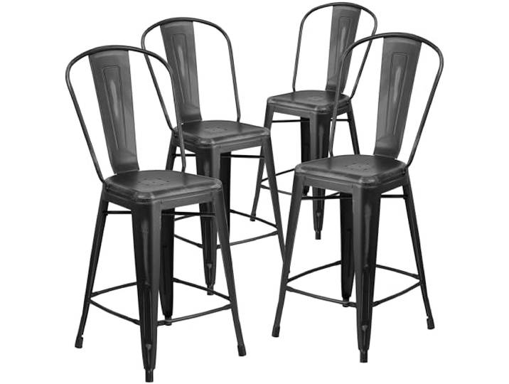 Flash Furniture Blake Commercial Grade 4 Stück 61 cm hoher Hocker aus schwarzem Metall für drinnen und draußen mit Rückenlehne