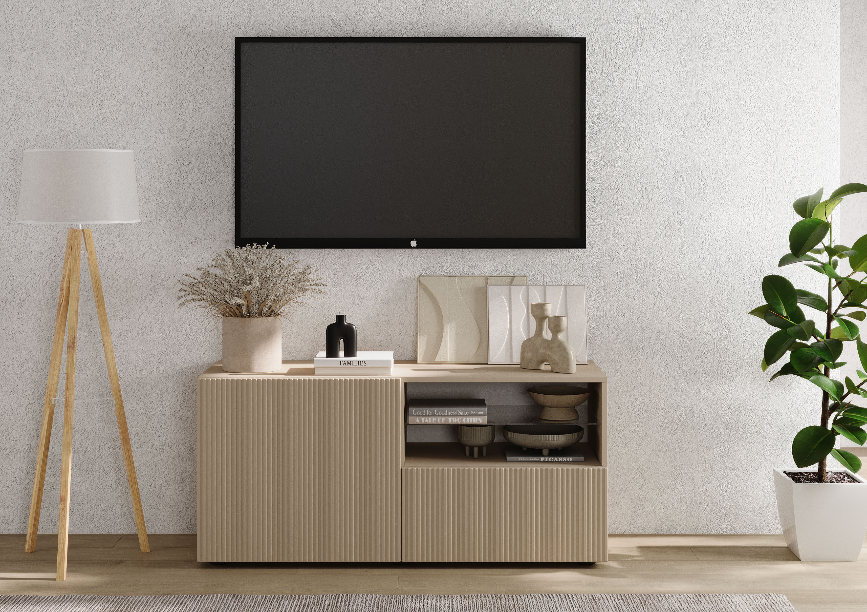 Lowboard HOME AFFAIRE "Rio Breite 120 cm, TV-Board 1 Tür u. 1 Schubkasten, TV-Schrank", beige (cashmere, front mit geriffelter struktur), B:121cm H:57cm T:42cm, Sideboards, Lowboard, geriffelte MDF-Fronten, modern u. elegant, Kabelführung, platzsparend ca