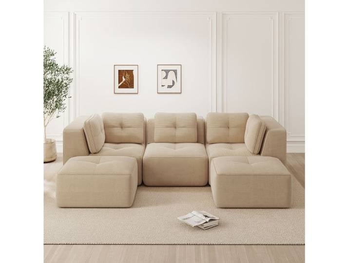 ELVORIN Canapé d angle modulaire U assise de 74 cm velours côtelé beige sans montage 3 places