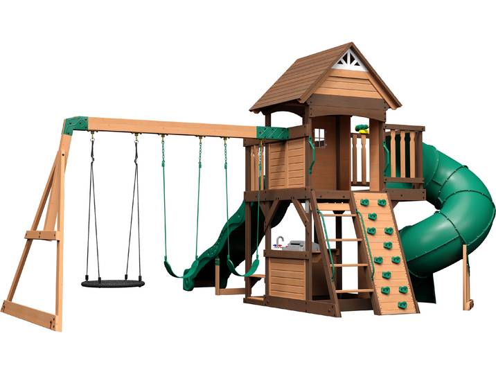Backyard Discovery Cedar Cove Spielturm aus Holz XXL Spielhaus für Kinder mit Rutsche, Schaukel, Kletterwand & Aussichtsplattform Stelzenhaus für