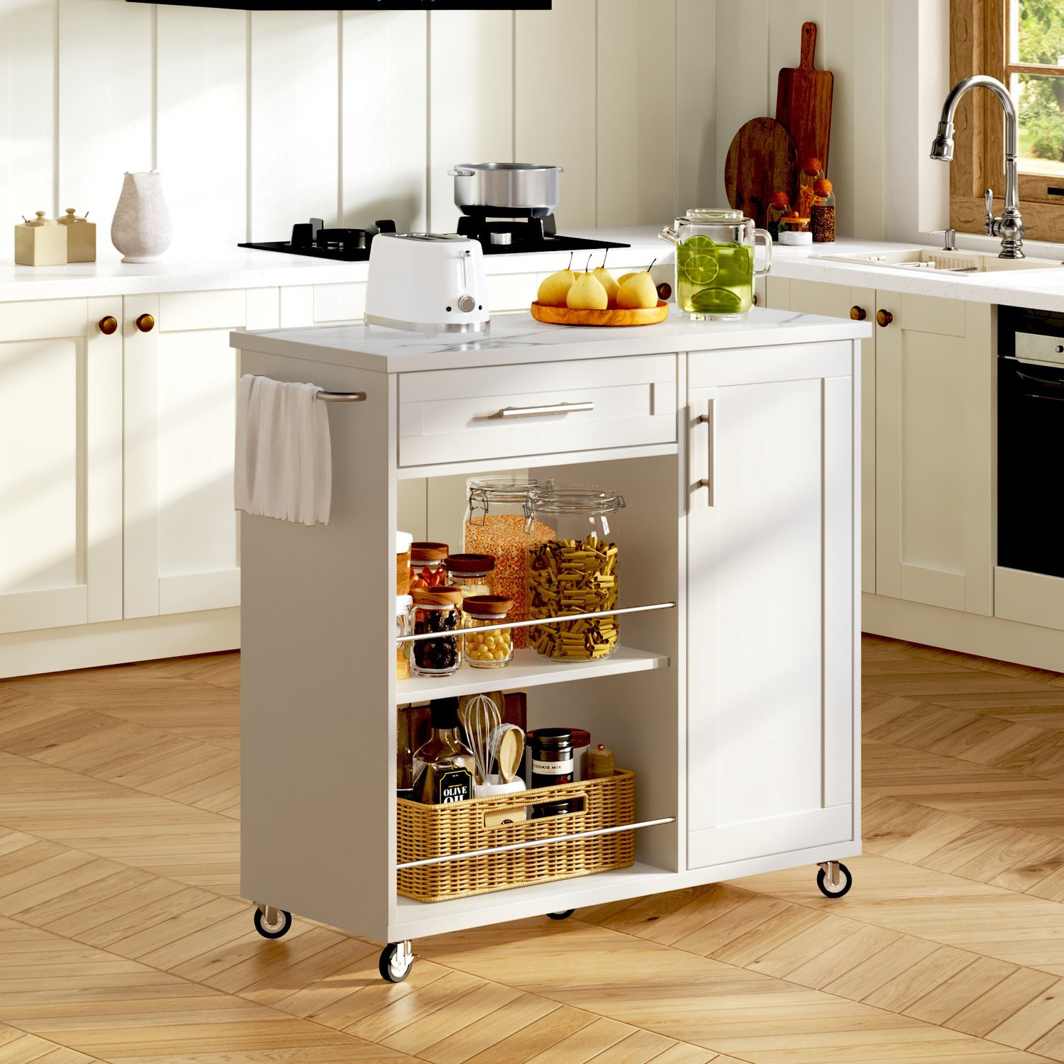 CHICFURN Keukenwagen met verrijdbare wielen en soft-close lade - Wit