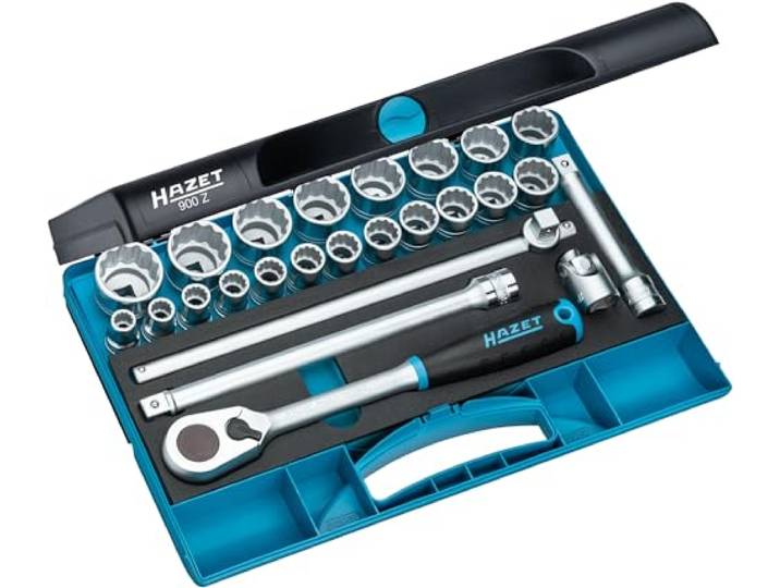 HAZET Jeu de douilles 900Z\, jeu de 25 pièces avec cliquet réversible à denture fine\, dans une boîte à outils robuste Safety Insert'.