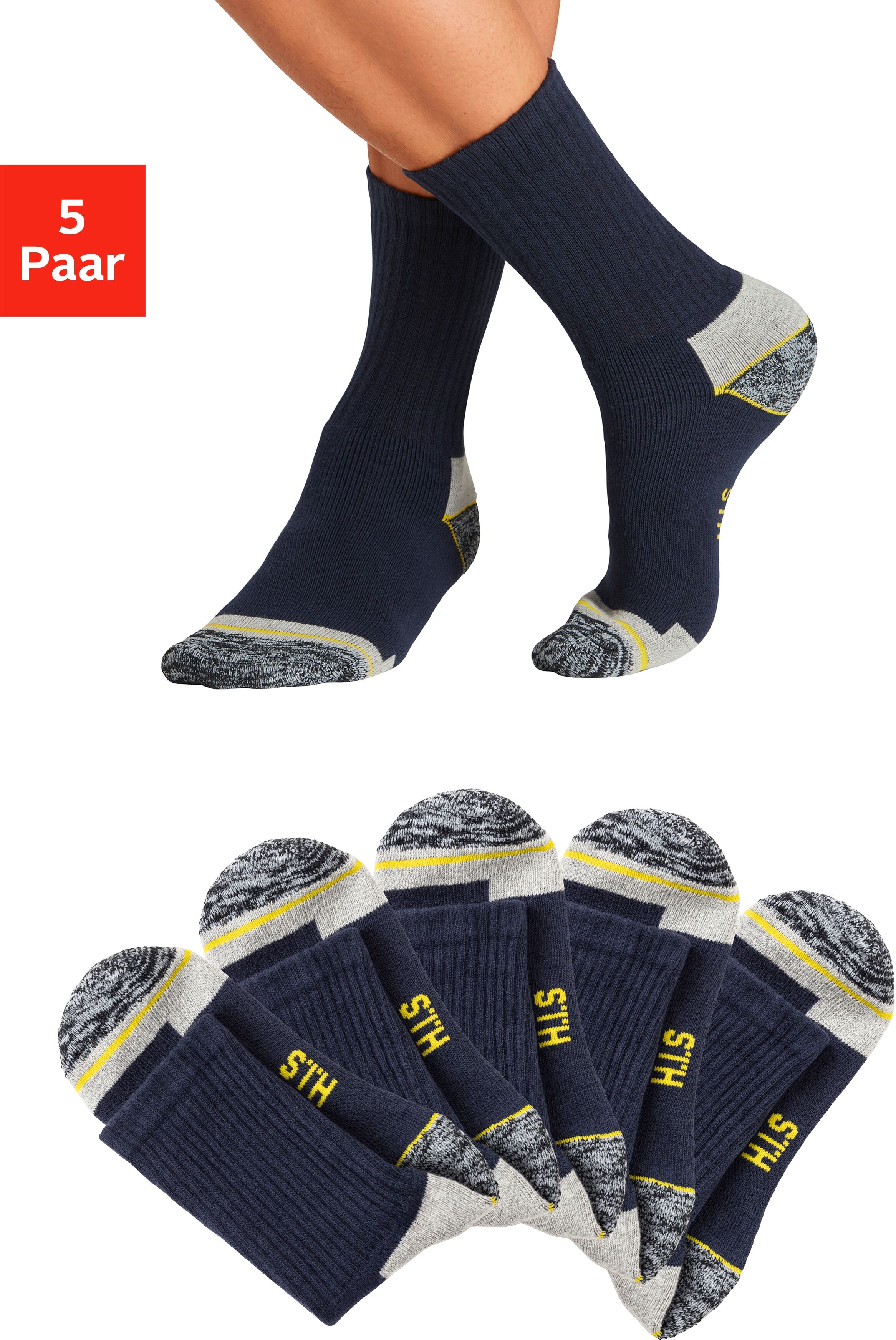 Arbeitssocken H.I.S "Herren für Arbeit und Sport; sportiv gemustert", Gr. 39-42, 5x marine, Baumwollmischung, unifarben mit Farbeinsatz, elastisch, Socken Arbeitssocken, mit Vollfrottee für komfortablen Sitz 5x marine 39-42