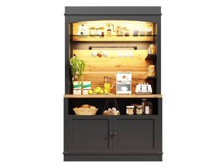 Buffet de Cuisine Haut avec Éclairage LED et étagère ouverte Meuble de Rangement Cuisine avec Barre à Crochets 107x43x184cm Noir
