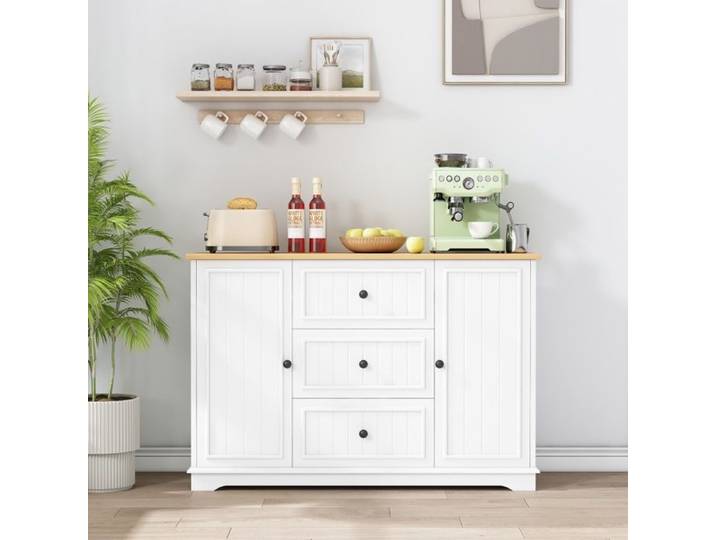 Buffet Bahut Salon Cuisine - 126x40x86 cm - 3 Tiroirs 2 Portes Type Réfrigérateur Rangement Malin - Bois Blanc et Naturel