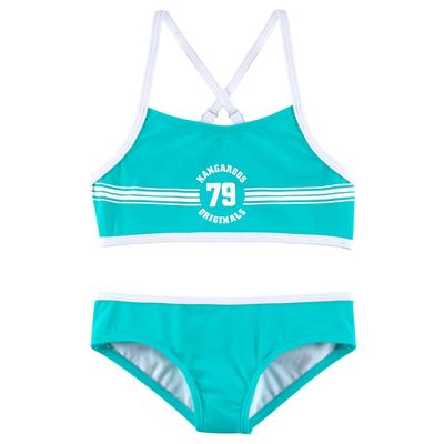 Bustier-Bikini KANGAROOS "Sporty", Mädchen, Gr. 122/128, N-Gr, blau (türkis), Polyamid, kontrastfarbene Details, unifarben, Bikini-Sets, mit sportlichem Frontdruck