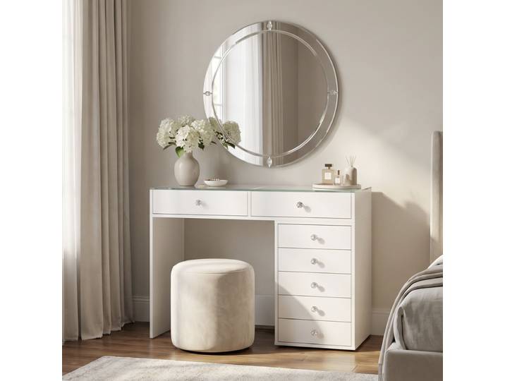 Coiffeuse Homeluxury - Blanche Vitrée 120cm Avec 7 Tiroirs