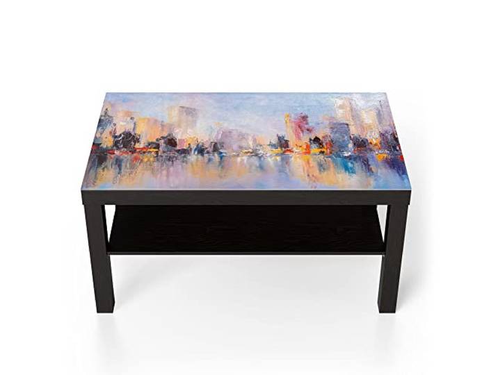 DEQORI Glastisch schwarz groß 90x50 cm Motiv Wolkenkratzer am Wasser ausgefallener Beistelltisch aus Glas Hochglanz Couchtisch fürs Wohnzimmer moderner Couch Tisch mit Design