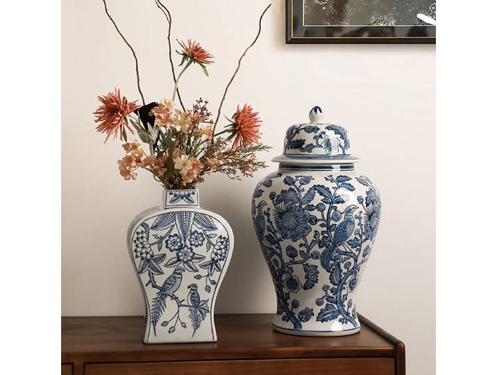 Vases chinois en porcelaine bleue et blanche, ornements de luxe en céramique, Table de salon, sèche-fleurs, accessoires de salon