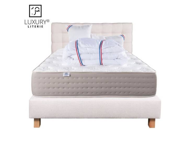 Ensemble Matelas Viscolatex 160x200 cm + 2 Oreillers + Couette + Sommier + Tête de Lit + Tête de Lit Beige