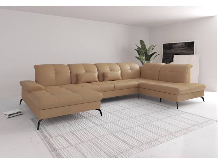 Wohnlandschaft, Naturleder, Cappuccino, 357×231 cm, U-Form, Mit Kopfteilverstellung & Bettfunktion, sit&more