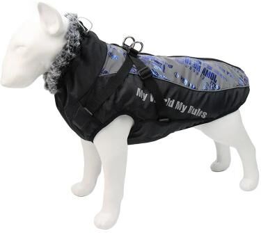 ModernMart Large Dog Winter Coat: Waterproof Jacket With Harness & Furry Collar Colorful Blue XL