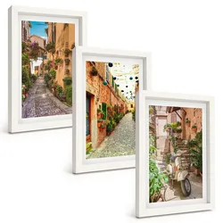 BILDER SET 3er Set - 20x30 cm Weißer Rahmen - Straßen, Blumen, italienisches Flair
