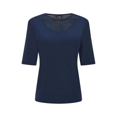 Kurzarmshirt GOLDNER "Elegantes Halbarmoberteil mit Mesh", Damen, Gr. 40, blau (marine), Obermaterial: 95% Polyester PES. 5% Elasthan EL., U-Boot-Ausschnitt, Shirts, glänzende Optik