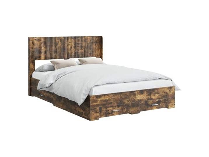 PUGYNBK Bettgestell mit Stauraum Eiche rauchfarben Feste Lamellenbasis, robustes Holz, minimalistisches Design, einfache Reinigung