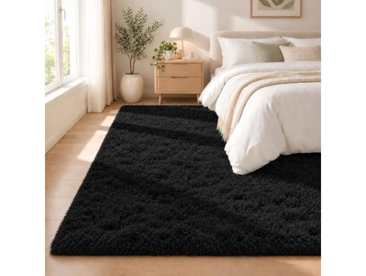PSHQYI Teppich Schlafzimmer Maschinenwaschbar Einfarbiges 270x300cm Schwarz Flauschiger Kinderteppich Pflegeleicht Waschbar Flauschig Weich Für Wohnzimmer Schlafzimmer