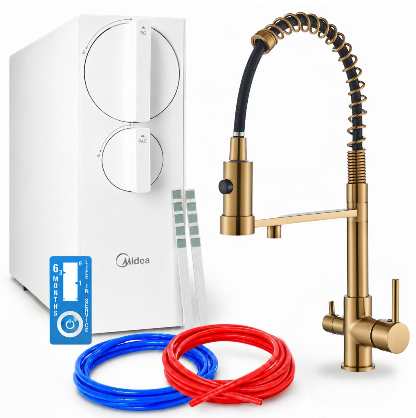 Umkehrosmose Wasserfiltersystem Ari Solid Spring, 800 Gpd, Tanklos, Armatur, Messing, Keramikkartusche, Perlator, 360 Grad Schwenkbar, Gebürstetes Gold