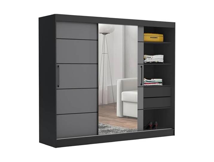 Brent - Kleiderschrank mit Spiegel und Schubladen 235cm Breit Chelsea Tomy, Schwebetürenschrank mit Spiegel, Schlafzimmerschrank, Kleiderschrank Schwarz/Grau