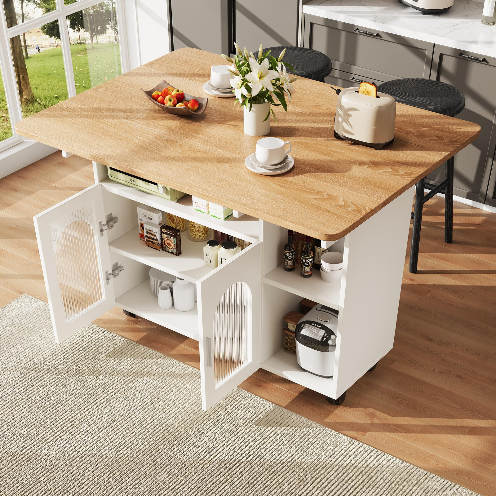 MODFU Keukeneiland met houtdecor en afneembare serveerwagen, Wit