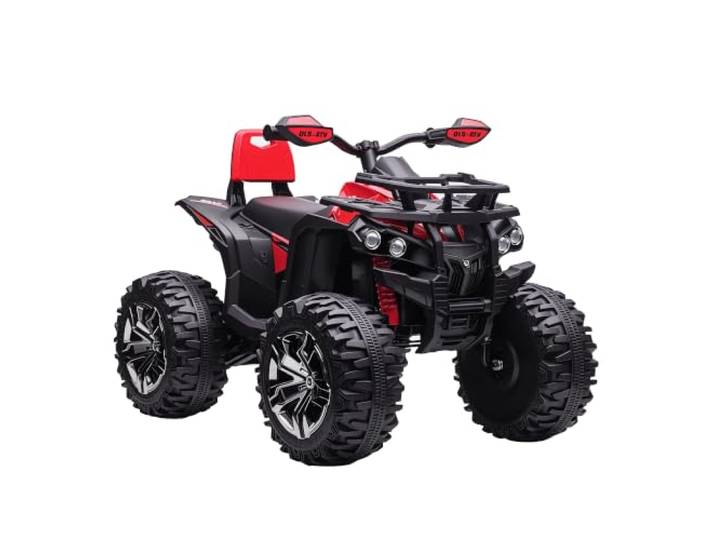 HOMCOM Quad Buggy Électrique Enfant 12 V 8 Km/h Max. Rouge Noir Voiture électrique Enfant\, Effets Lumineux Sonores\, Selle avec Dossier\, Porte-Bagage Avant\, PP et Métal
