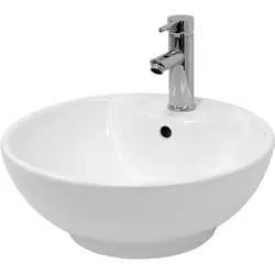WASCHBECKEN Ø455x185 mm rund aus Keramik in Weiß mit Ablaufgarnitur Silber