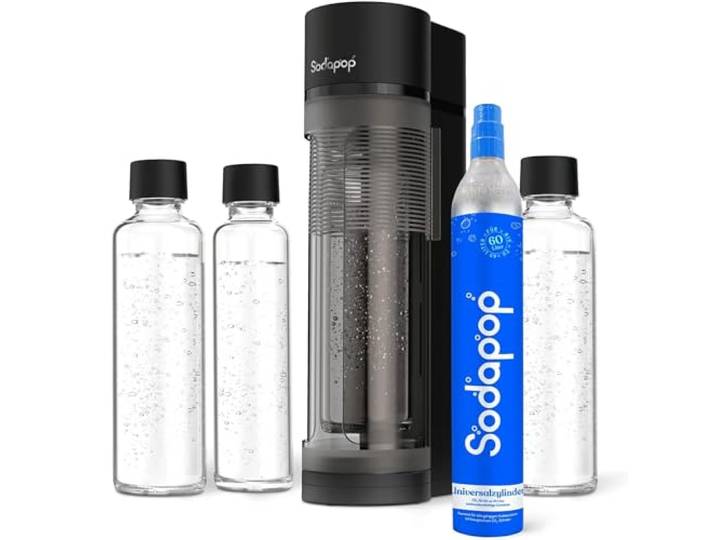 Sodapop Wassersprudler Logan, Set mit 3 Glasflaschen (2 × 850 ml und 1 × 600 ml) und 1 CO₂-Zylinder, Matt Schwarz, Höhe 42,6 cm