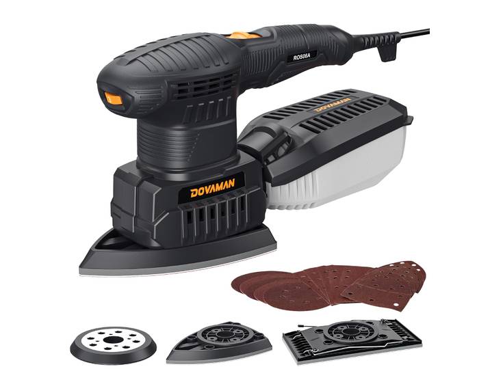 Ponceuse multiple 3 en 1 DOVAMAN, 200 W, 6 vitesses, 15 papiers de verre, faible vibration, extraction de poussière, ponceuse orbitale/alaire/delte