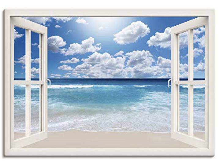 ARTLAND Wanddeko Leinwand Bilder Wandbild 100x70 cm Fensterblick Fenster Strand Meer Maritim Karibik Südsee Urlaub Sommer T5UQ